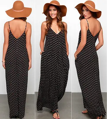 

2017 UK Maxi Dress Women Sleeveless Strap Polka Dot Print Long Summer Beach Sundress Leak Shoulder Sling Floor Length Vestido