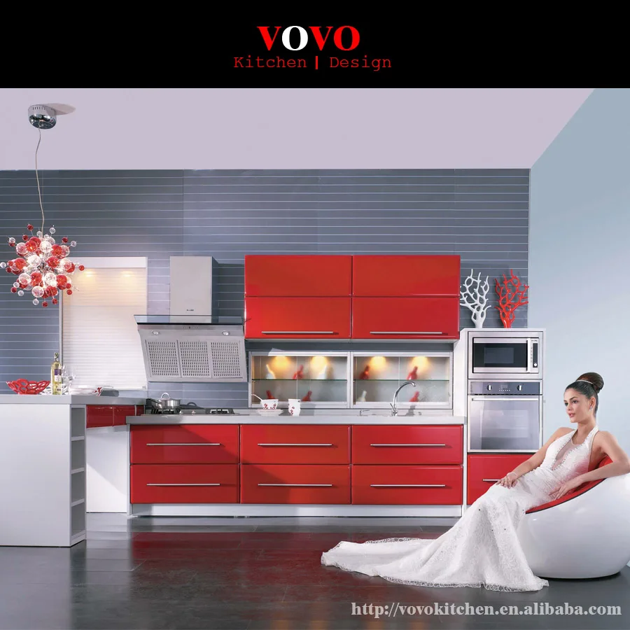 Luxury red high gloss L shaped plywood kitchen cabinet in Luxury red high gloss L shaped plywood kitchen cabinet in