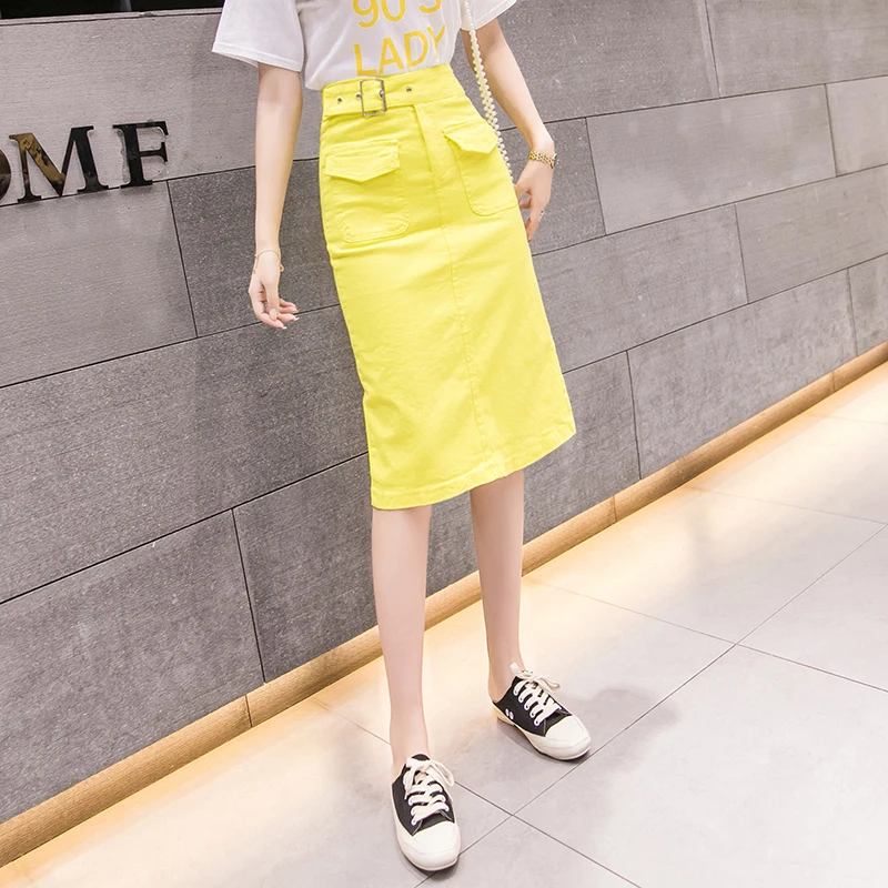 

2019 Summer Midi Skirts Womens High Waist black green yellow Pockets Skirt ladies korean plus size A-Line skirt jupe femme