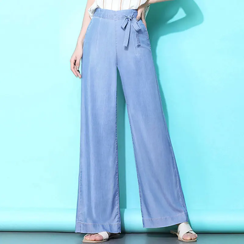Spring Summer New Fashion Women Tencel Wide Leg Pants High Waist thin Straight Trousers Blue Denim Casual Long D59  Женская | Брюки -33056138024