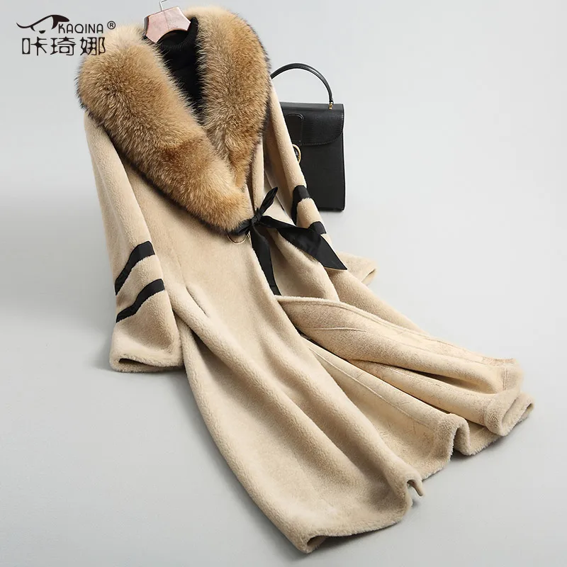 Пальто с натуральным мехом, женская одежда, воротник из меха енота, Корейская куртка, зимнее пальто для женщин, замшевая подкладка, шерстяное пальто Abrigo Mujer 68530MY