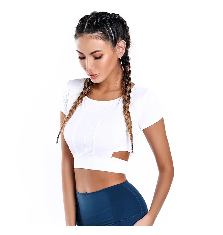 CretKoav, летняя новинка, женские эластичные облегающие рубашки для йоги, сексуальный укороченный топ с боковым краем, открытая женская спортивная футболка с коротким рукавом для бега
