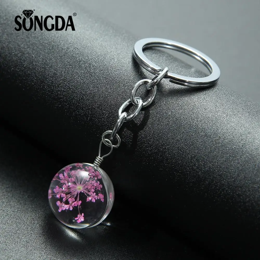 

SONGDA Beautiful Dry Flower Crystal Ball Keychain Lovely Cherry Blossoms Four Leaf Clover Colorful Flowers Bag Car Keyring Chain