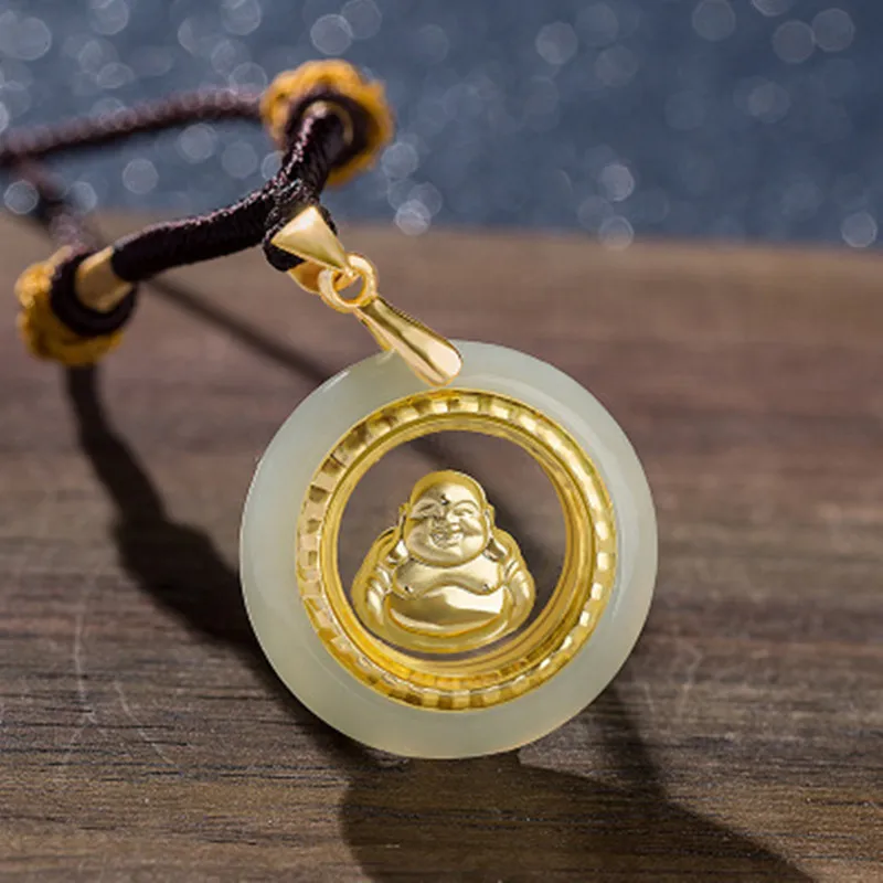 

Opening the gold inlaid jade and the jade pendant in the golden hour to run the Maitreya hard gold male female necklace