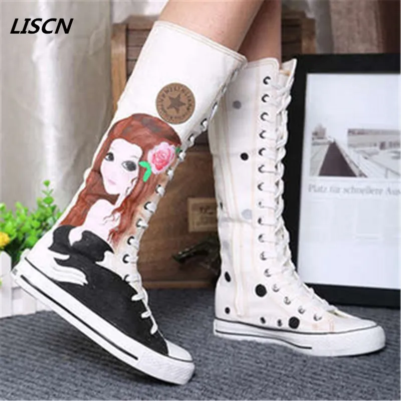 

Dance Canvas shoes High Boots Dance Street Jazz Dance Boots Women fashion casual shoes side zipper flat shoes hand-painted shoes