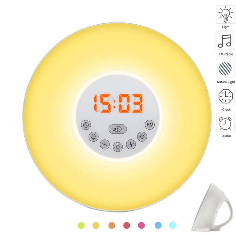 

Sunrise/Sunset/Digital Alarm Clock Colorful Light LED Digital Clock Alarm Time Display FM Radio Snooze Mode Nature Sound Wake Up