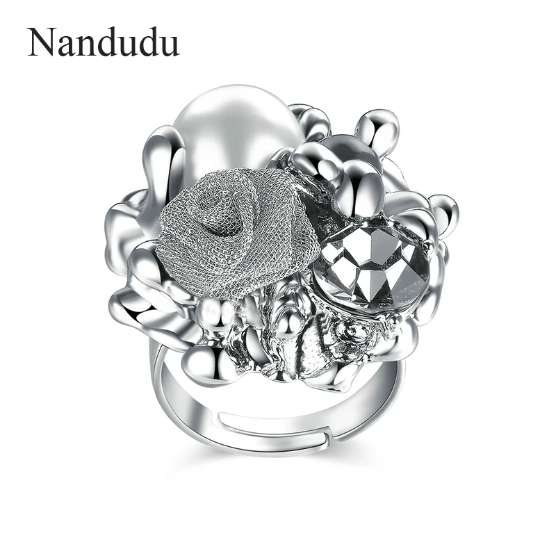 Nandudu Flower Pearl Crystal Rings Jewelry Gift for Women Girls Prong Setting Austrian Free Size Ring Accessory R1823 | Украшения и