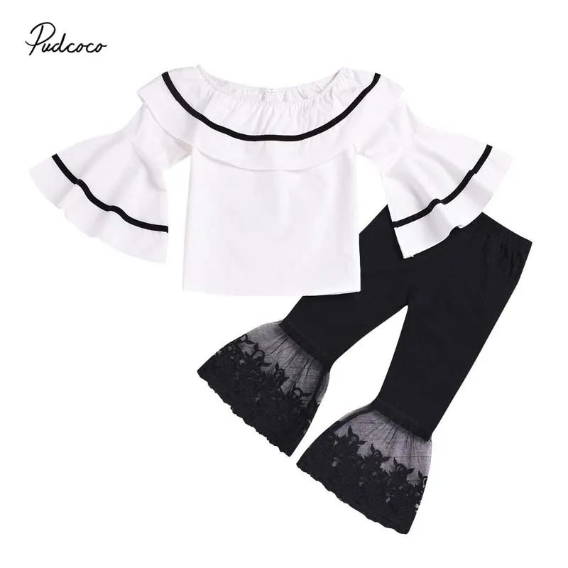 

2019 Brand 2PCS Kid Baby Girl Clothes New Fashion Ruffle Tops Flare Sleeve Blouse Flower Lace Bell-Bottom Pants Outfit Set