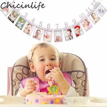 

Chicinlife 1Set 12 Month Photo Banner Boy Girl 1st Birthday Party Bunting Garland Baby Shower 1 Year Old Anniversary Supplies