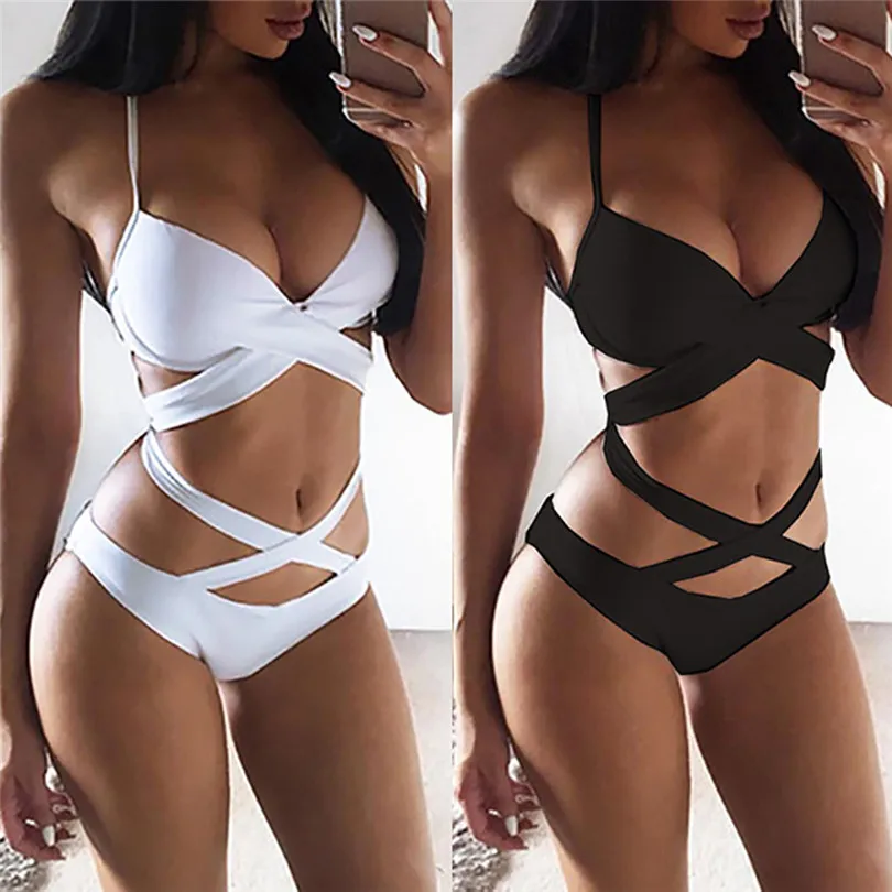 bikini 2019 new Summer Bandage Bikini Set Women Sexy One-Piece Perspective Bikini Push-Up Pad Beachwear #4F27 (11)