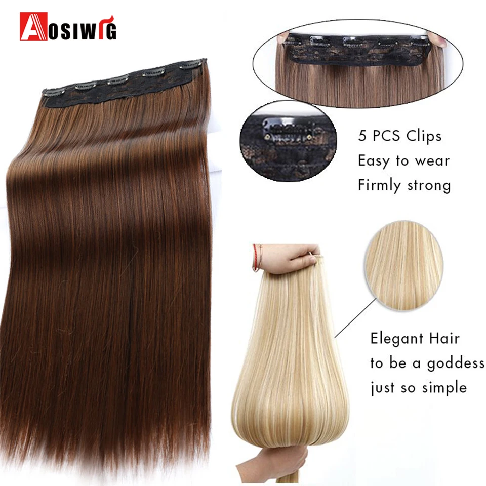 AOSI 60cm Long Straight Black Gray Blonde Women Ombre High Tempreture Synthetic Hairpiece 5 Clip in Hair Extensions Hair Piece
