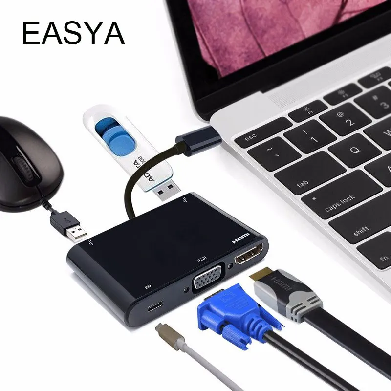 

EASYA Wholesale USB Type-C Hub to HDMI VGA Adapter Thunderbolt 3 USB C Hub with PD Port USB 3.0 Hub for Macbook Pro 10pieces/lot