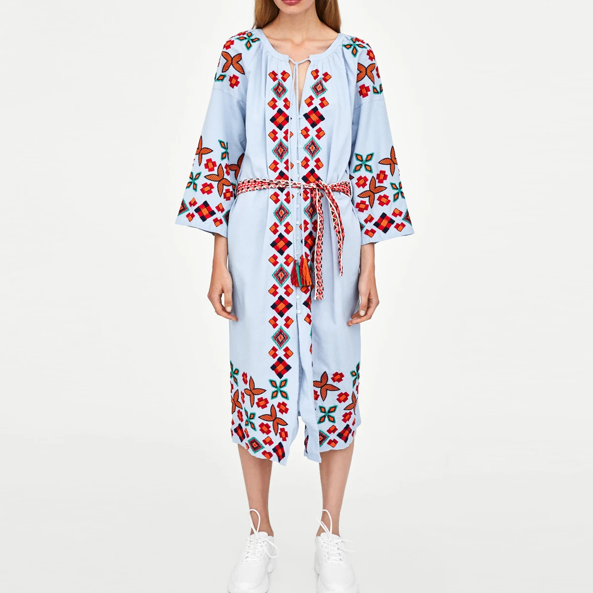 

Autumn Embroidered Long Sleeves O-Neck Midi Dress Women Casual Vintage Ukraine Cotton Dresses Female Vestidos