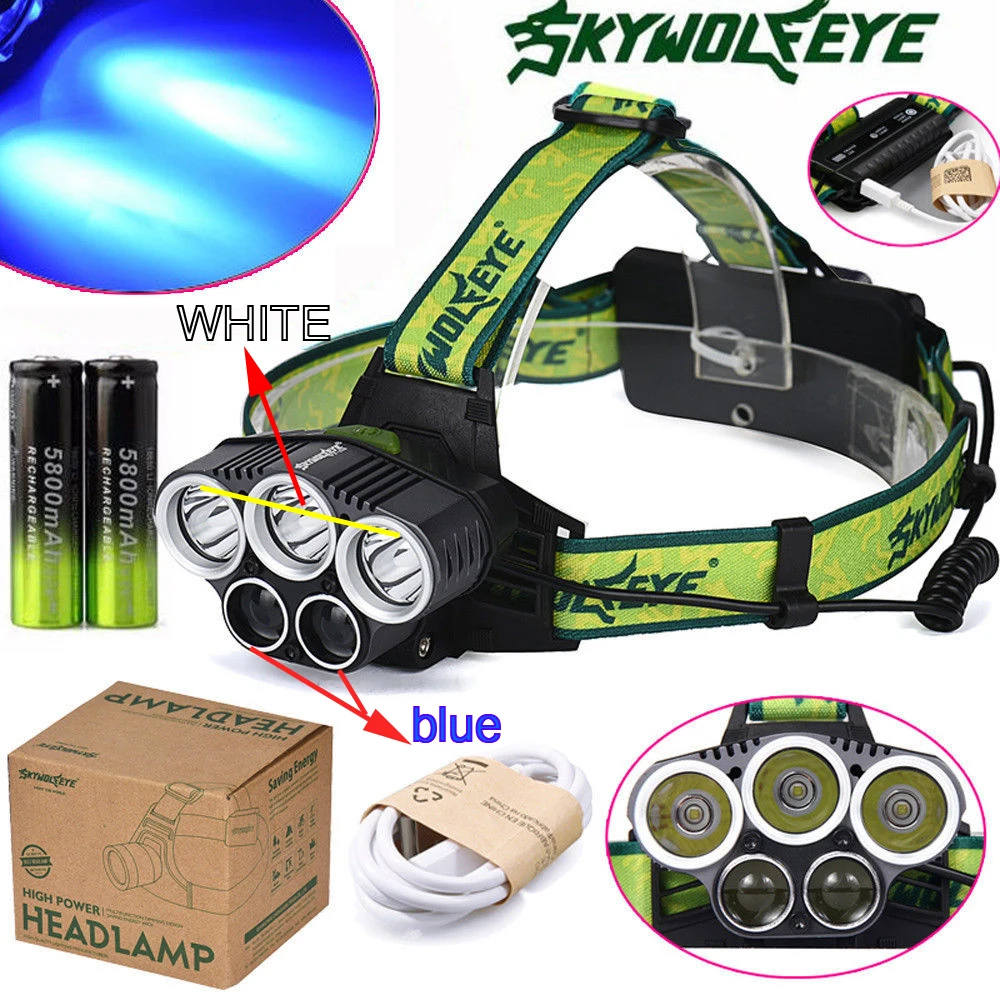 Goedkoop 20000lm 3x XM LT6 + 2x R2 Blauw LED 18650 USB Power Oplaadbare Koplamp Zaklamp zaklamp Lamp 2X18650 Batterij