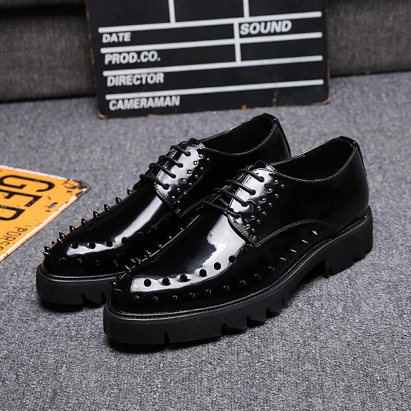 Da Bling Sapatos Do A De Brilho Flats B Moda Apontado type Masculinos Type Lace Couro Oxfords Homens Mens Up Pé Vestido Dedo Rebite Festa Casamento wFBB0nX