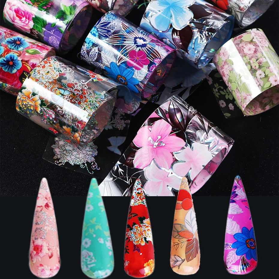 

10Rolls Holographic Starry Sky Stickers For Nails Summer Flower Nail Sticker UV Gel Laser Gradient Wrap Transfer Manicure LE1025