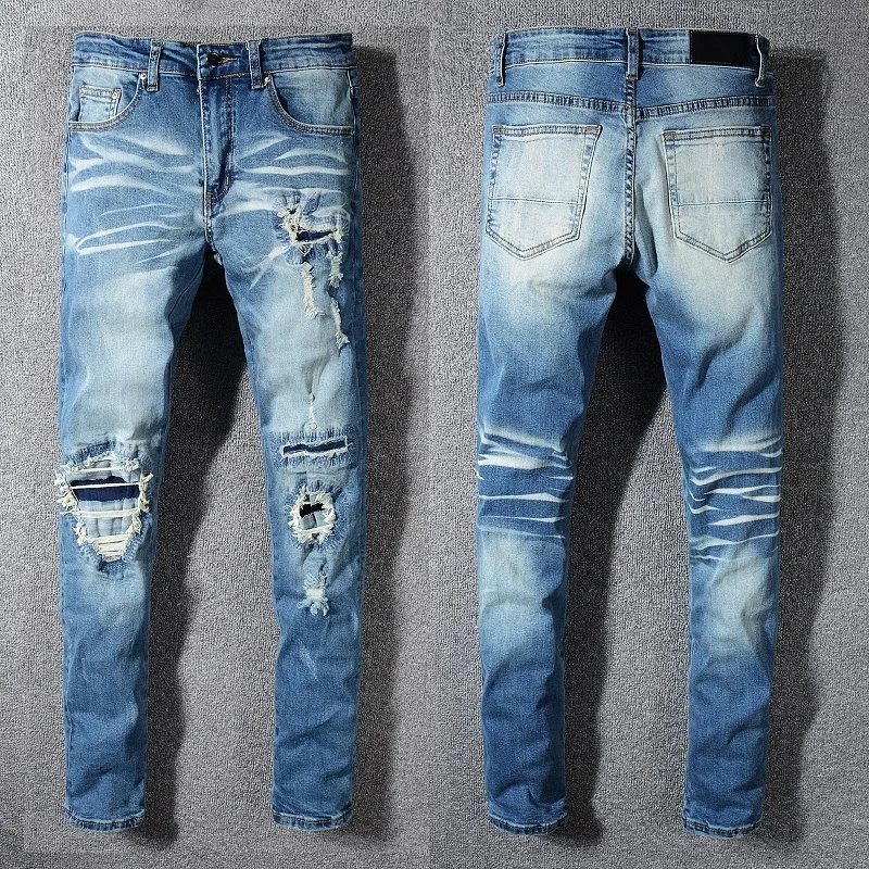 

New Italy Style #571# Men's Distressed Destryoed Patchwork Pants Holes Patches Washed Blue Skinny Jeans Slim Trousers Size 28-40