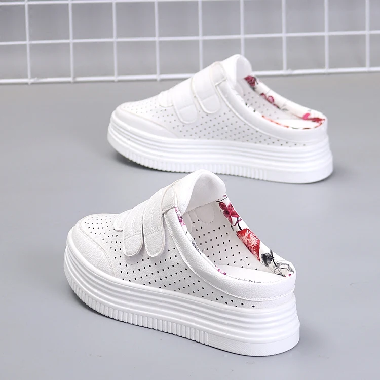 

2018 Summer Hollow Breathable White Shoes Women's Thick Bottom Increased Wild Casual Shoes Half Support