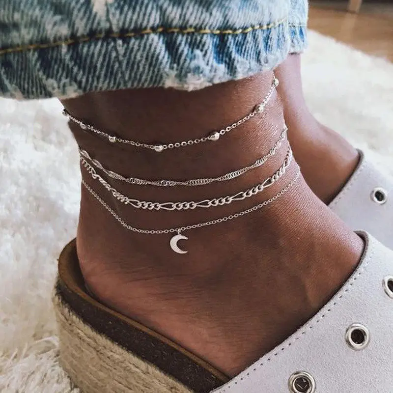 В богемном стиле серебряный браслет с подвеской в виде Луны для Для женщин многослойный браслет на ногу цепочками пляжный ножной браслет под босоножки сандалии бижутерия для ног Tobillera