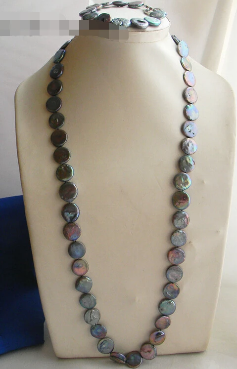 

huij 004062 25''/8'' 16mm Black Coin freshwater pearl Necklace Bracelet Set