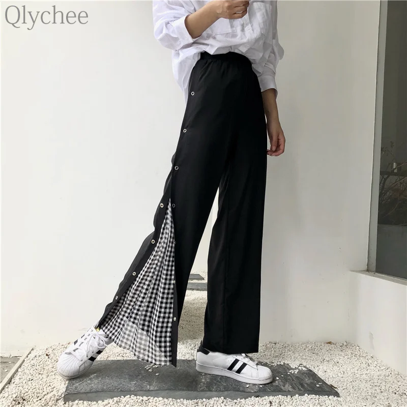 Qlychee сбоку плед лоскутное широкие брюки металлические эластичные облегающие Для