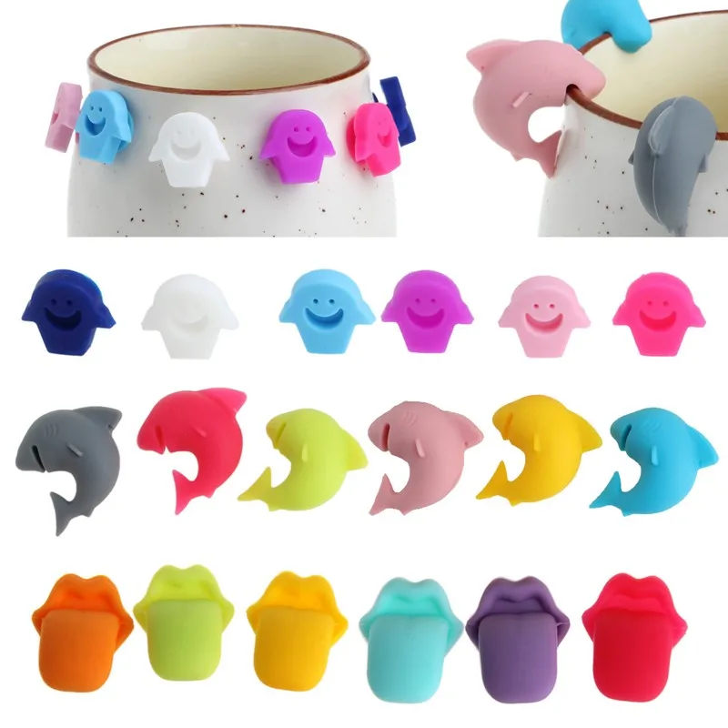 

6Pcs Party Shark Lips Smile Dedicated Tag Silicone Sticker Suction Cup Wine Glass Rubber Wine Glass Charm Drinking Party Bar Set