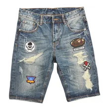 Summer Style Men Jeans Shorts Badges Spliced Destroyed Ripped Jeans Men Shorts Fashion Street Short Jeans Men Full Size 30-40 Summer Style Men Jeans Shorts Badges Spliced Destroyed Ripped Jeans Men Shorts Fashion Street Short Jeans Men Full Size 30-40