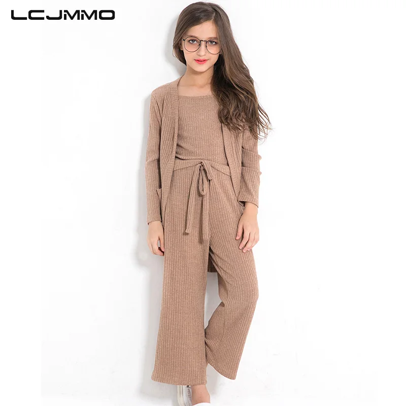 

LCJMMO Autumn Girls Clothes Suit Full Sweaters Coats +Vest+ Pants 3 Pcs Set Fashion Solid Cardigan Knitwear Sets Tops Kids Coats