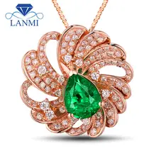 Flower Shape Jewelry Design Solid 18kt Rose Gold Columbia Emerald Pretty Diamond Pendant Necklace for Women Wedding Party