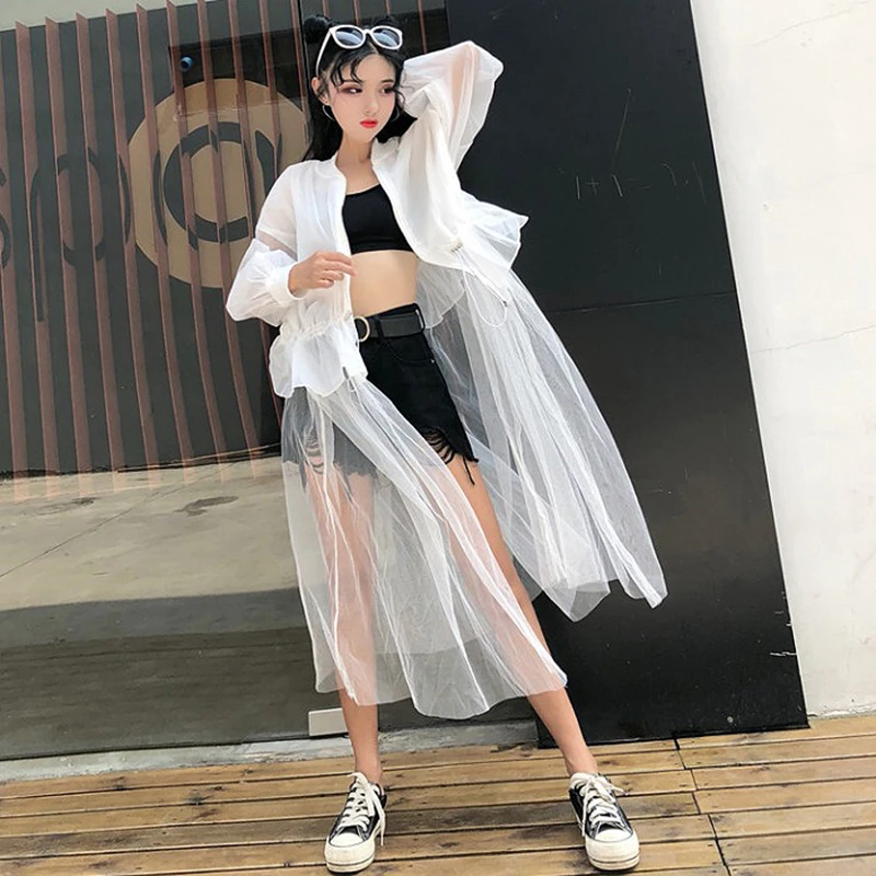 

2019 Fashion Summer Jacket Womens Streetwear Loose Mesh Patchwork Jackets Basic Coat Transparent Sun-proof Ladies Thin Outerwear