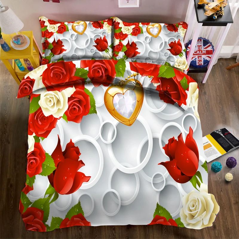 

Three-dimensional relief red rose and white rose 3d effect photo bed linen can be customized photo pattern