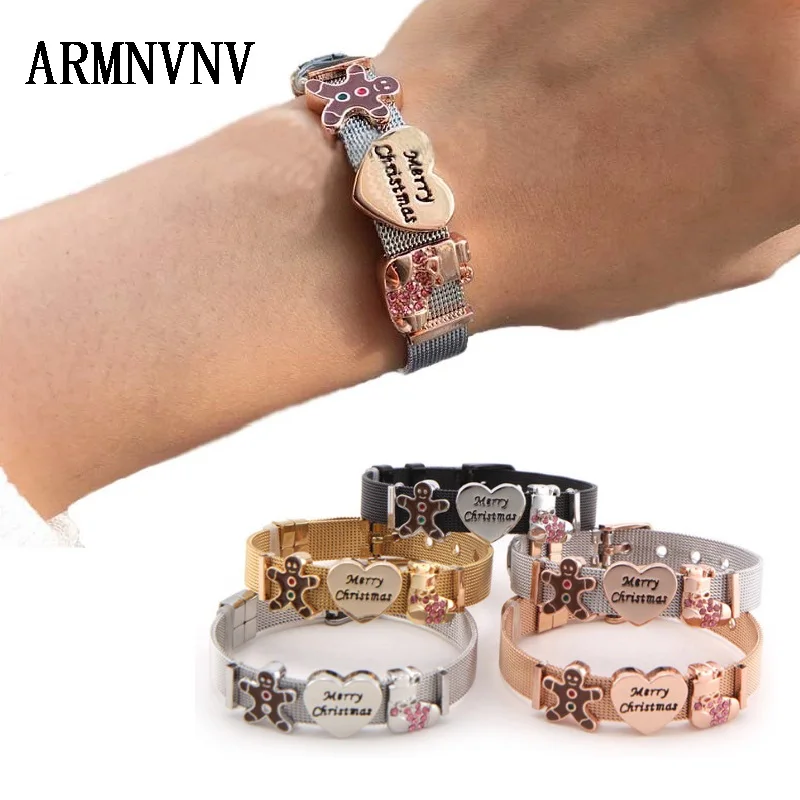 

ARMNVNV Christmas Bracelet Santa Claus Stainless Steel Mesh Keeper Bracelet Women Merry Christmas Heart Sock Slide Charms