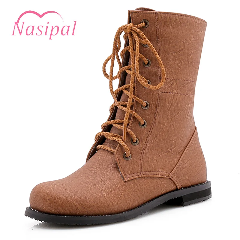 

Nasipal Fashion Autumn Winter Boots Brown Retro Shoes Woman Mid-calf Martin Boots Leisure Flats Shoes Woman Large Sizes 28-52