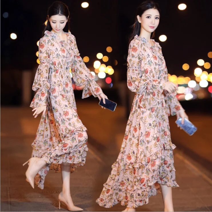 

early spring temperament of long-sleeved v-neck chiffon over-the-knee long waist show thin female floral dress