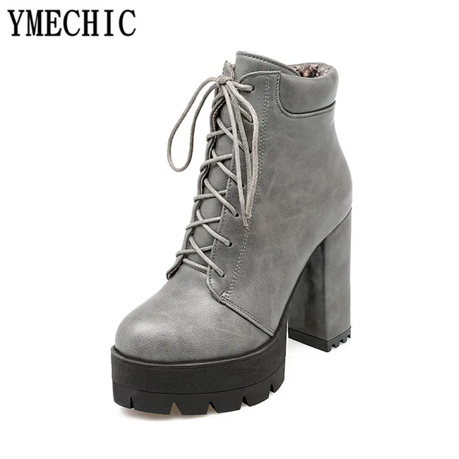 YMECHIC женские ботильоны на шнуровке; женская обувь на платформе и высоком массивном каблуке в стиле панк-рок; обувь в готическом стиле; зимняя женская обувь; коллекция года - Цвет: Серый