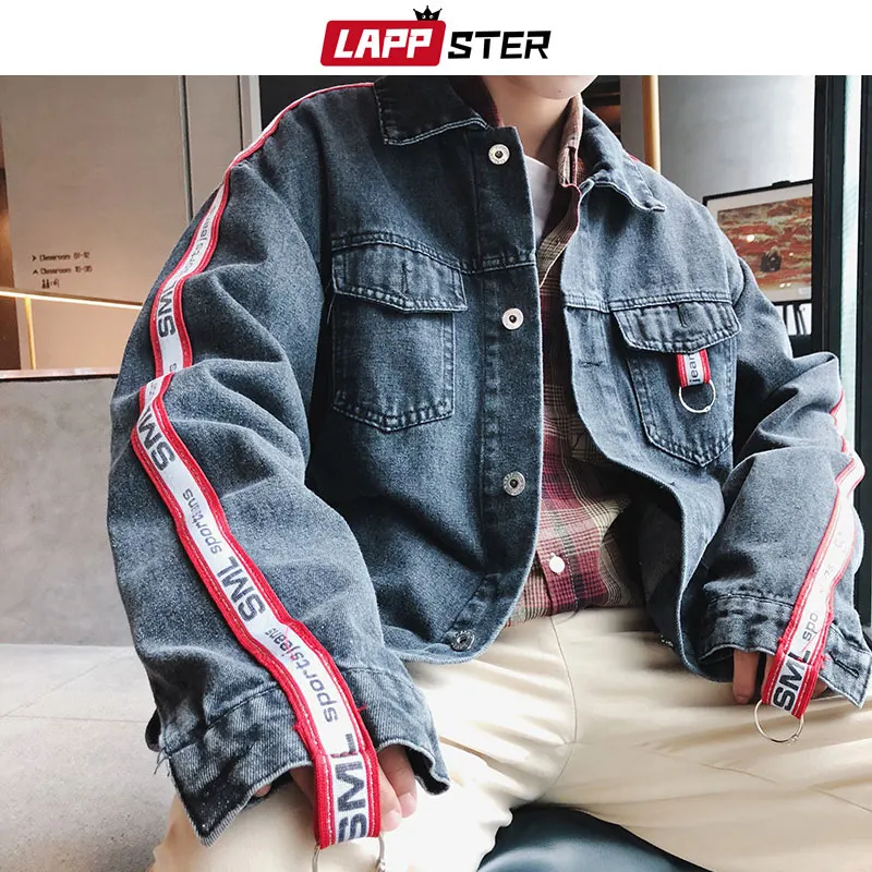 LAPPSTER Men Streetwear Side Striped Blue Jean Jackets 2019 Man Japanese Streetwear Harajuku Denim Jacket Windbreaker INS Ribbon LAPPSTER Men Streetwear Side Striped Blue Jean Jackets 2019 Man Japanese Streetwear Harajuku Denim Jacket Windbreaker INS Ribbon
