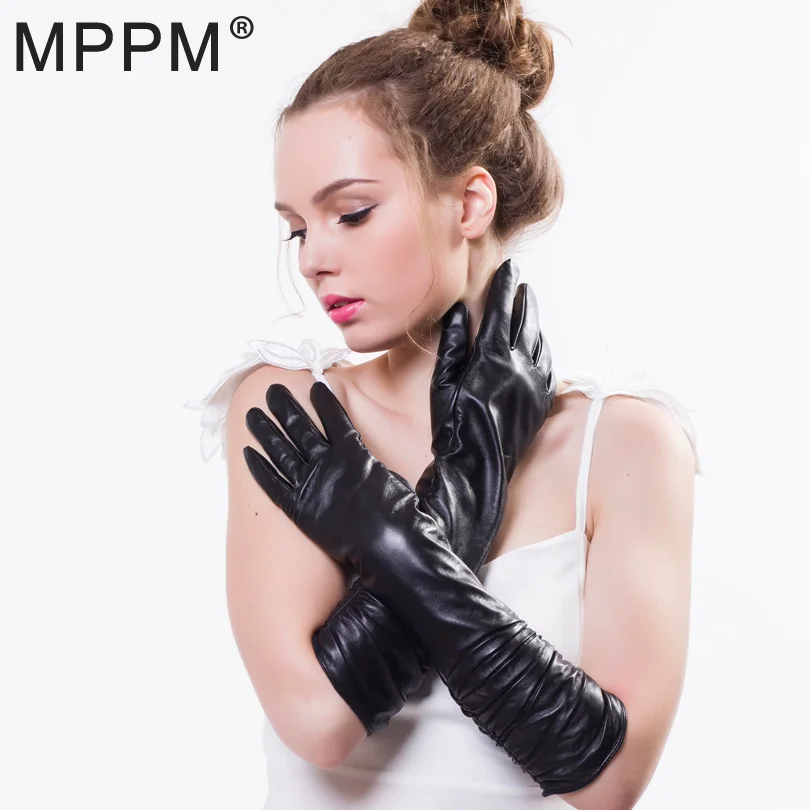 

MPPM Genuine Sheepskin Gloves Women High-grade Women Leather Gloves Female Fashion Black Leather Winter Real Fur Gloves Long