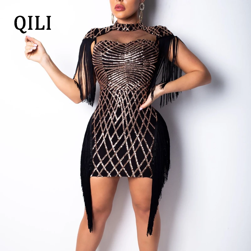 QILI, новинка, расшитое блестками платье с кисточками, красное, черное, хаки, Сетчатое мини-платье в стиле пэчворк, для вечеринки, клуба, сексуальное платье, элегантная женская одежда