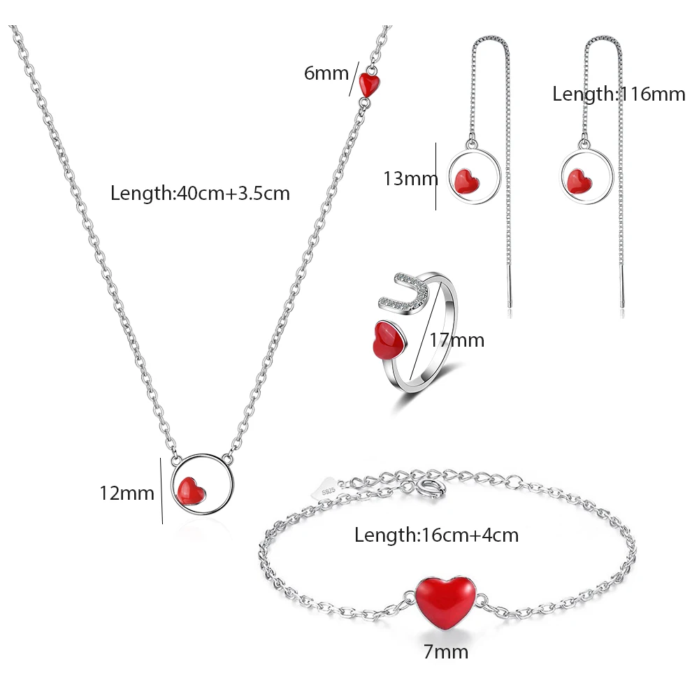 ANENJERY 925 пробы Серебряные Ювелирные наборы 4 стиля ожерелье Красное сердце+ серьги+ кольцо+ браслет для женщин подарок для девочек - Окраска металла: S(N309E773B130R250)