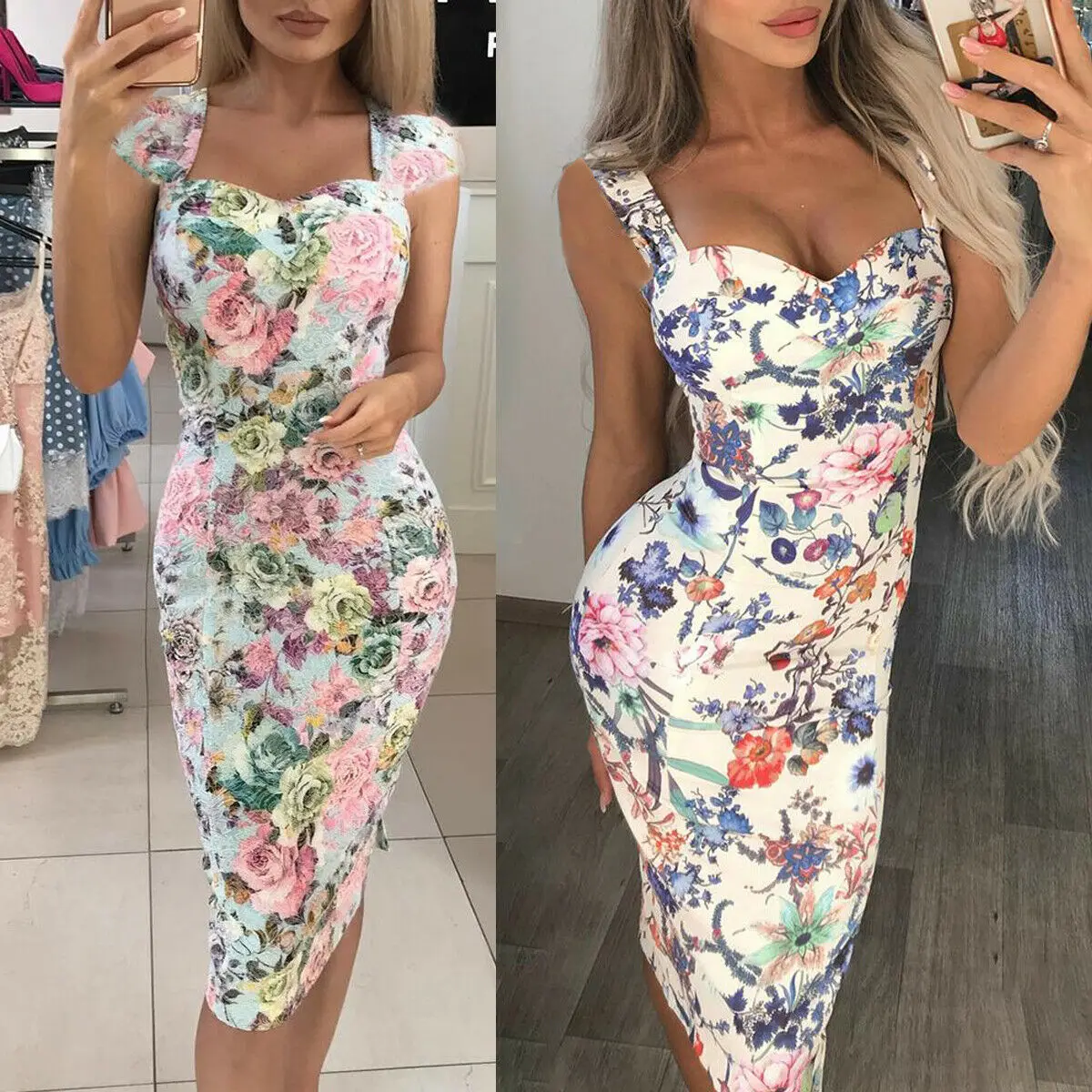 

Women Sleeveless Floral Dress Stretch Party Club Sleeveless Bodycon Sexy Dress Summer Print Strap Dresses