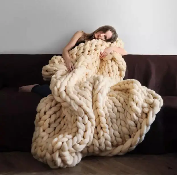 

Fashion Hand Chunky Wool Knitted Blanket Thick Yarn Merino Wool Bulky Knitting Throw Blankets DropShipping