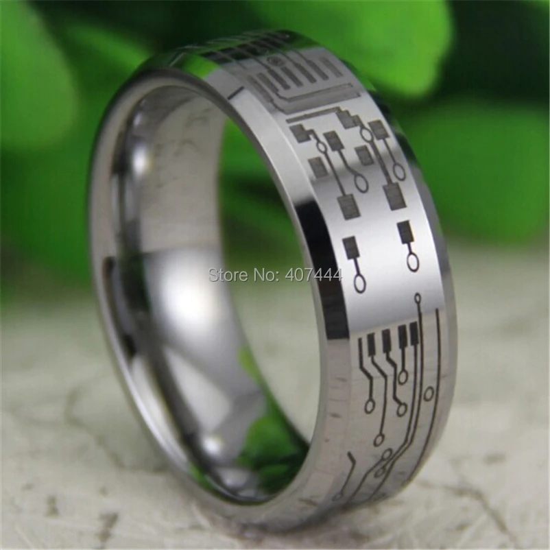Free Shipping YGK JEWELRY Hot Sales 8MM Silver Bevel CIRCUIT BOARD Design Mens Comfort Fit Tungsten Wedding Ring