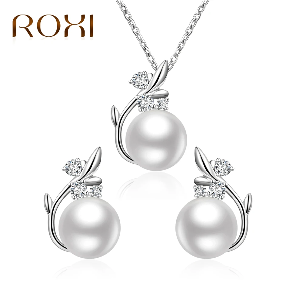 

ROXI Leaf Shape Simulated Pearls Jewelry Set for Women Silver Color Crystal Wedding/Bridal Necklace Earrings Ladies Jewellery z3