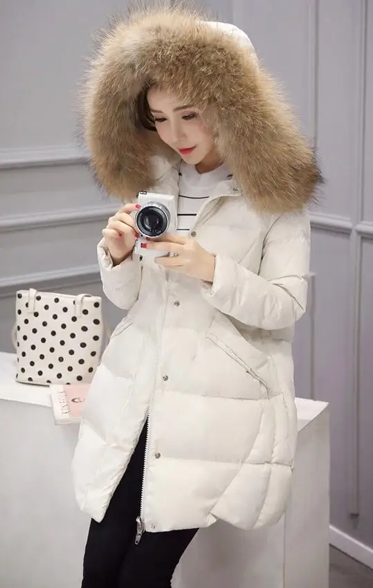 Зимняя женская пуховая куртка новая однотонная средней длины с натуральным меховым воротником высококлассное утепленное пальто с капюшоном теплая женская верхняя одежда