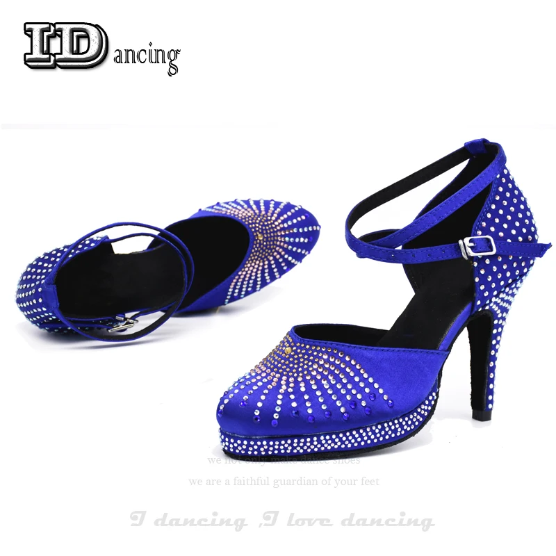 Salas/атласная обувь; туфли для латинских танцев; Обувь для бальных танцев со стразами; обувь на платформе; цвет синий, красный; обувь на высоком Кубинском каблуке со стразами