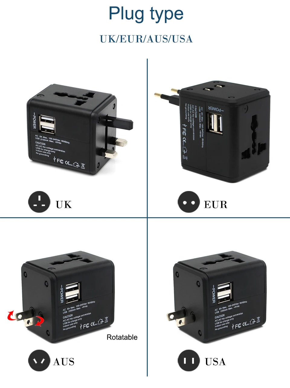 Universal Travel Adapter Dual USB Wall Charging Sockets US UK AUS EU CN Plug Quick Charger Adapter Electric Plugs Sockets (7)