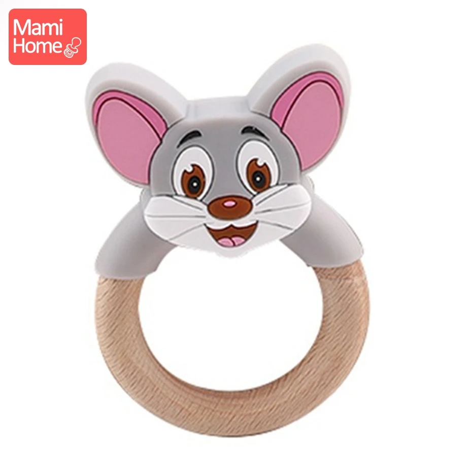 Mamihome Baby Wooden Teether Animal Ring Silicone Rodent Beech Wooden Blank Rabbit Ears baby products Toys Pacifier Pendant Gift - Цвет: Gray Mouse Ring