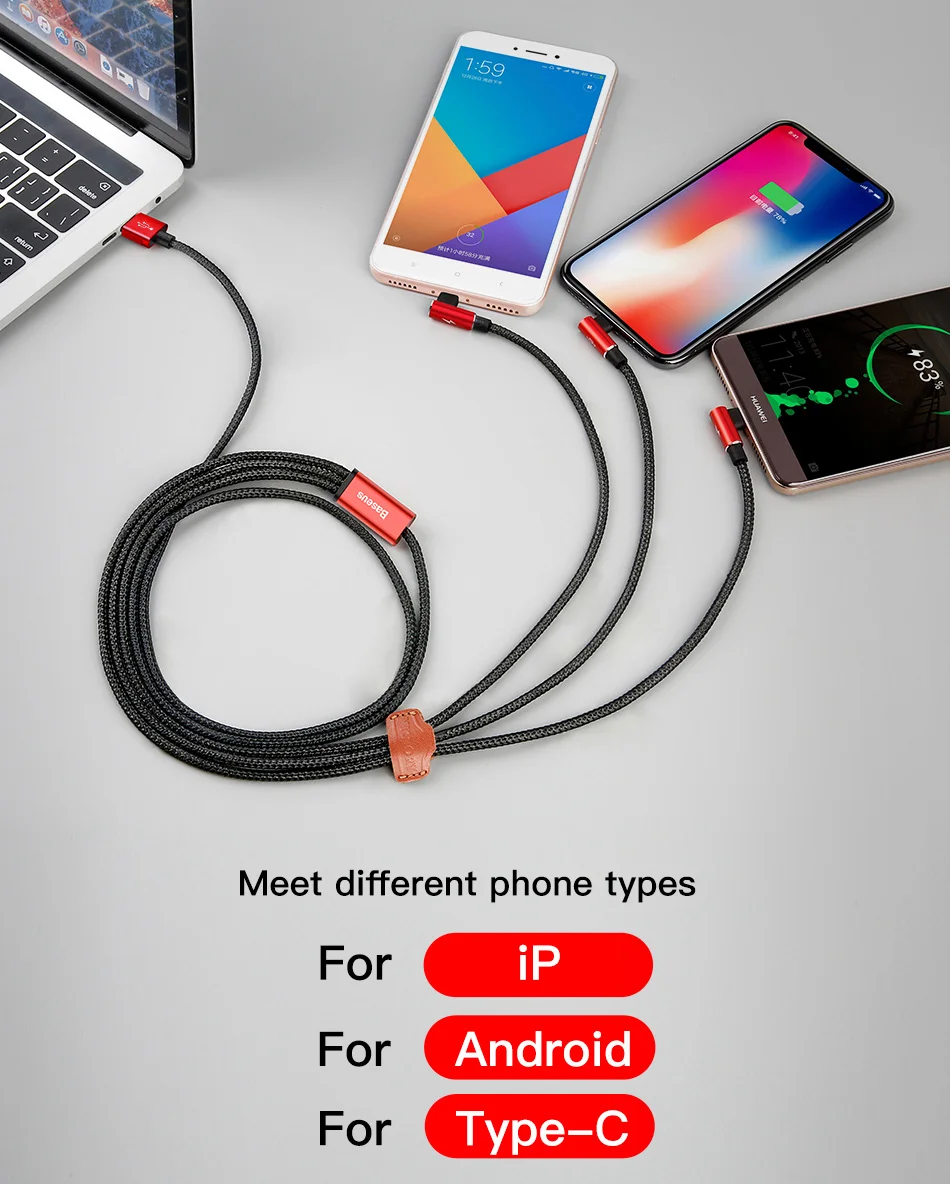 Baseus 90 градусов USB кабель для iPhone X Xr Xs 8 зарядное устройство провод шнур 3 в 1 Micro USB кабель type-c usb type C кабель адаптер