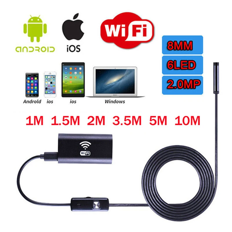 WIFI 8mm Dia 1m 2m 3 5m 5m 10m Length HD Borescope Endoscope Inspection Snake Pipe