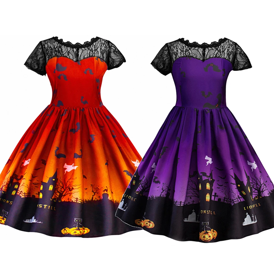 

MUABABY Little Girls Halloween Witch Costume Short Sleeve Lace Vampire Pumpkin Princess Party Gown Knee Length Children Frock